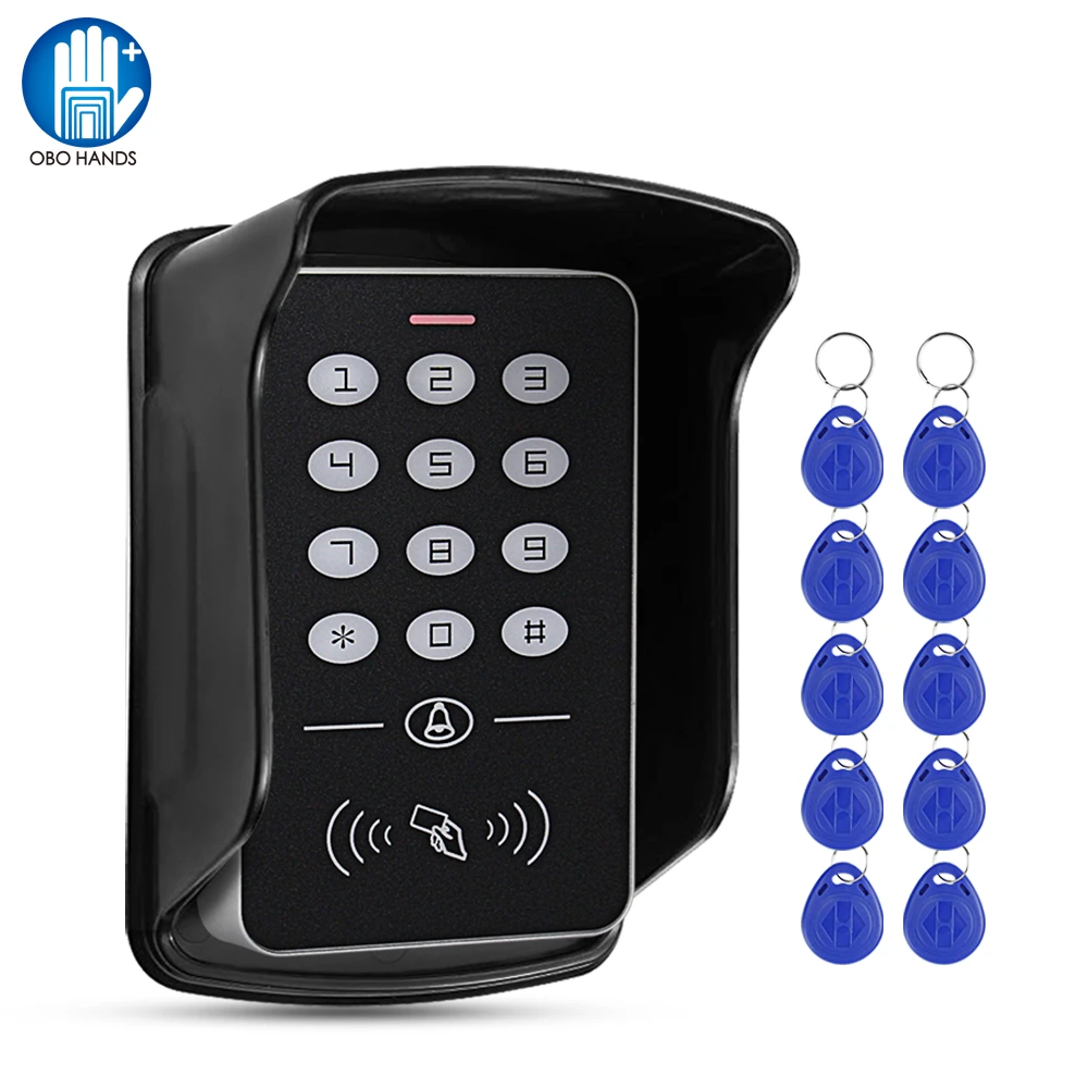 Standalone 125KHz RFID Keyboard Access Control Keypad Waterproof Cover Controller 10pcs Keyfobs for Door Access Control System