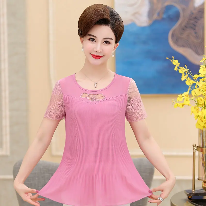 

Women Summer Chiffon Blouse Orange Blue Black Pink Red Thin Fabric Lace Patchwork Round Collar Drape Crepe Top Plus Size Clothes