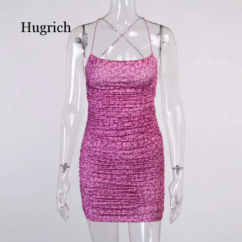 

Spaghetti Strap Leopard Print Mini Dresses for Women Christmas Birthday Sleeveless Sexy Backless Ruched Dress Slim
