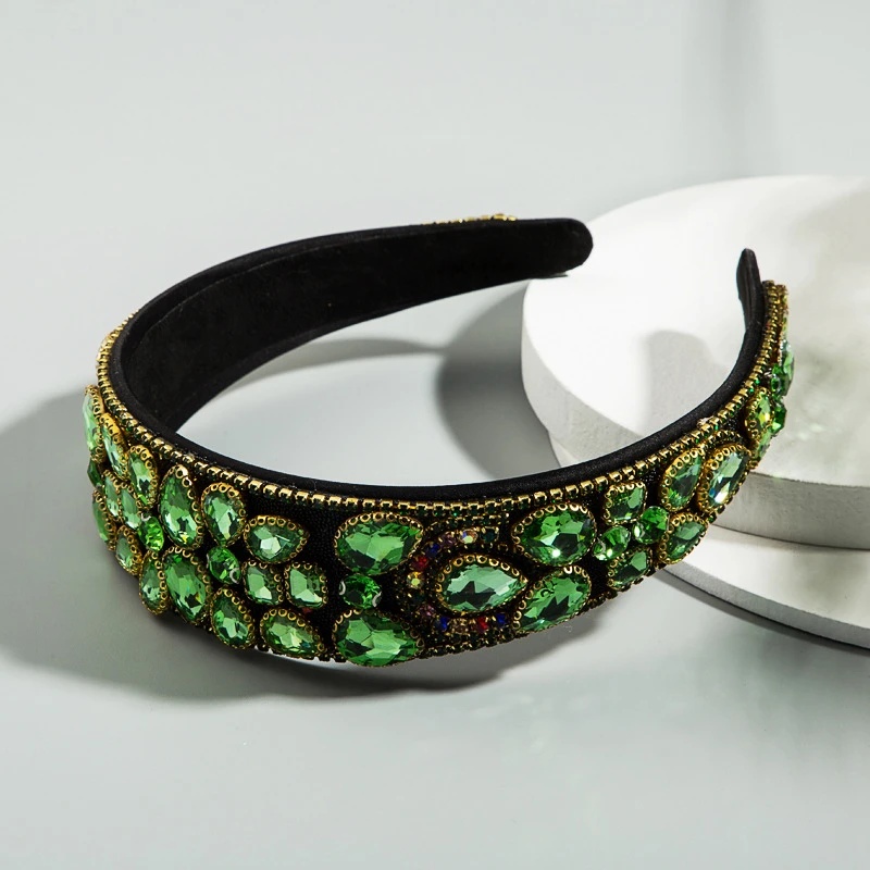 

Baroque Green Water Drop Zircon Wide Hair Band For Woman Luxury Full Rhinestone Headband Wedding Bridesmaid Hair Accessories