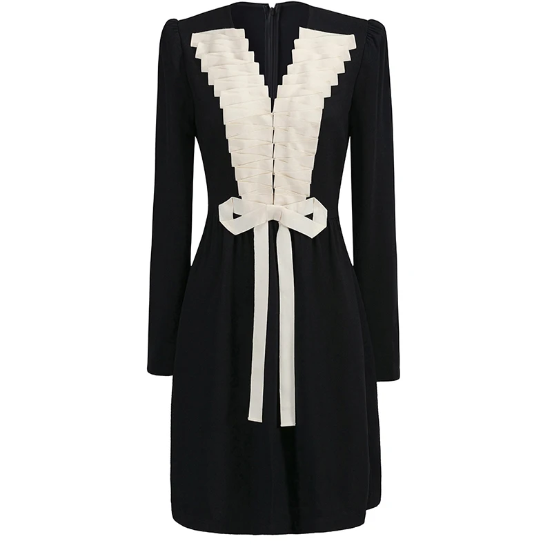 

High Quality Newest Nice Vogue Designer Runway Women's Elegant White Pleated Bow V-Neck Patchwork Black Long Sleeve Knee Dress