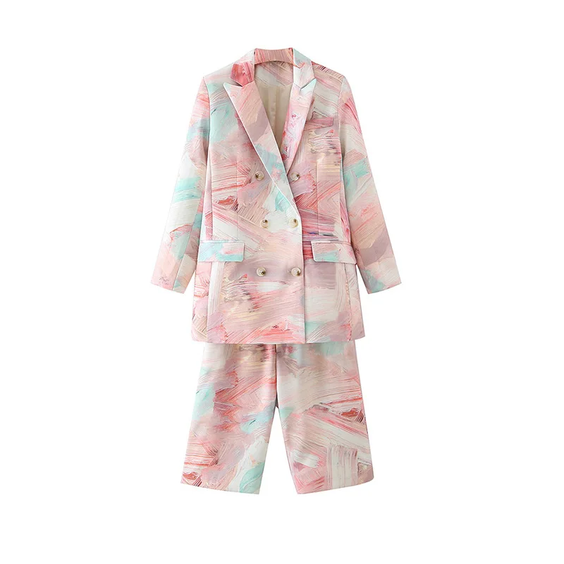 

2 Piece Set Women 2021 Fashion Double Breasted Mixed Print Coat Vintage Long Sleeve Pockets Female Outwear Autumn Pants Suits