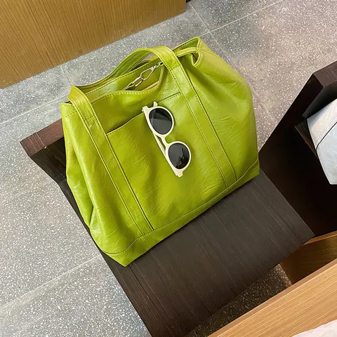 Женская Большая мягкая сумка-тоут из искусственной кожи, сумка через плечо, зеленая, белая, коричневая, лето 2021