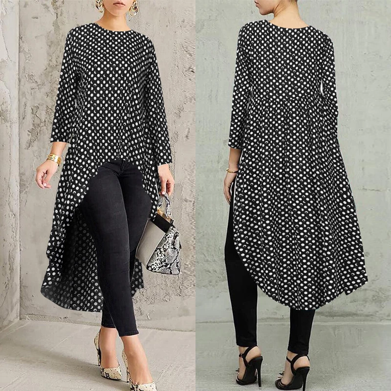 Women's Print Blouse Asymmetrical Tops ZANZEA 2021 Stylish Long Chemise Female Casual Swallowtail Blusas Woman Tunic | Женская