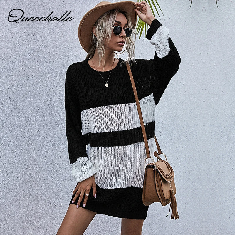 

Autumn Winter Sweaters for Woman Stripe Patchwork Long Sleeve Casual Pullover Sweater Dress Women Long Sweater Knitted Jumper