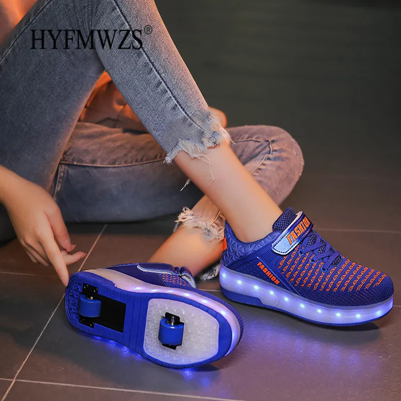 HYFMWZS Модные светодиодный Heelys обувь из дышащего материала, детское платье из двух спортивная обувь Съемная Детские Тонкие Туфли ролики срок производства тиража: 30-40