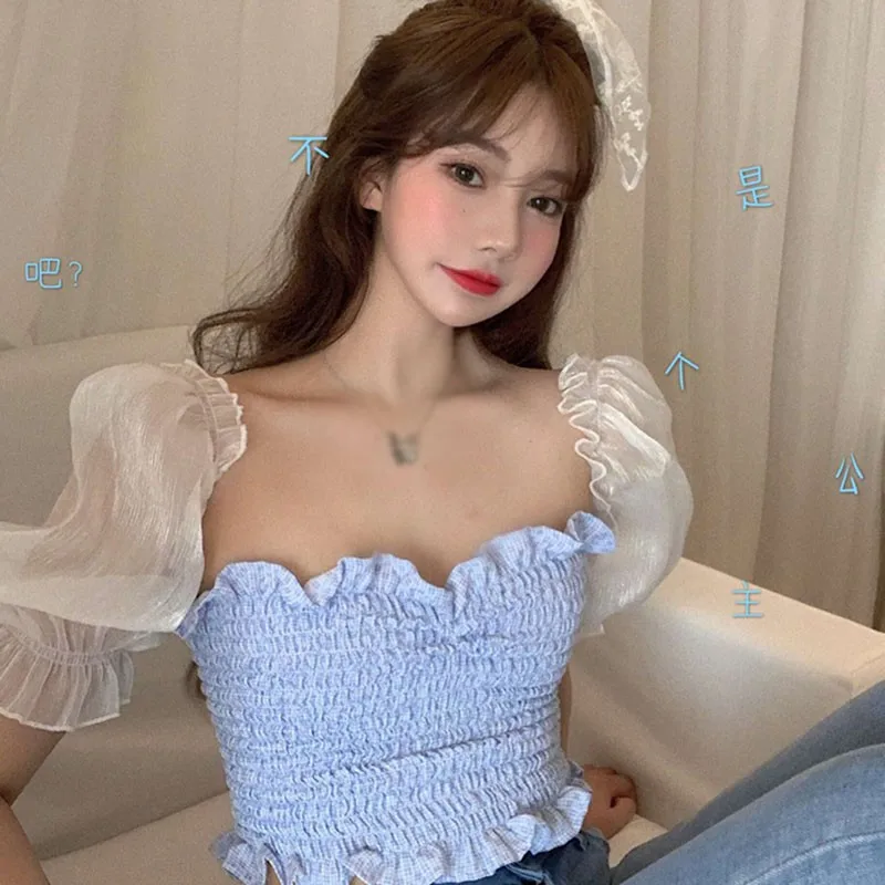 

Women's Summer Chiffon Shirt Sexy Square Collar Patchwork Sexy Sweet Slim Short Sleeve Blouses Woman #