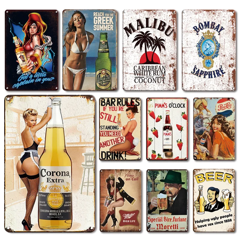 

Retro Pin Up Beer Metal Paintings Poster Tin Sign Vintage Decor Plaque Decorative Plate For Bar Pub Kitchen Home Wall Decoration