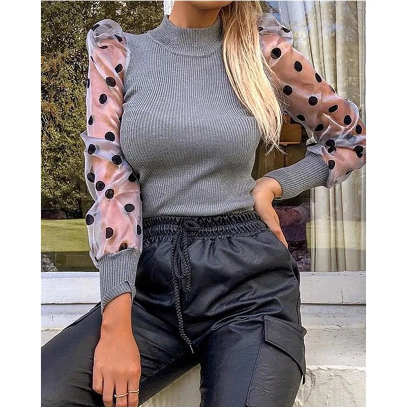 

Meihuida Autumn Women Sheer Mesh Translucent Puff Long Sleeve Slim Polka Dot Turtleneck Fall Blouse Shirts Office Lady Sweaters