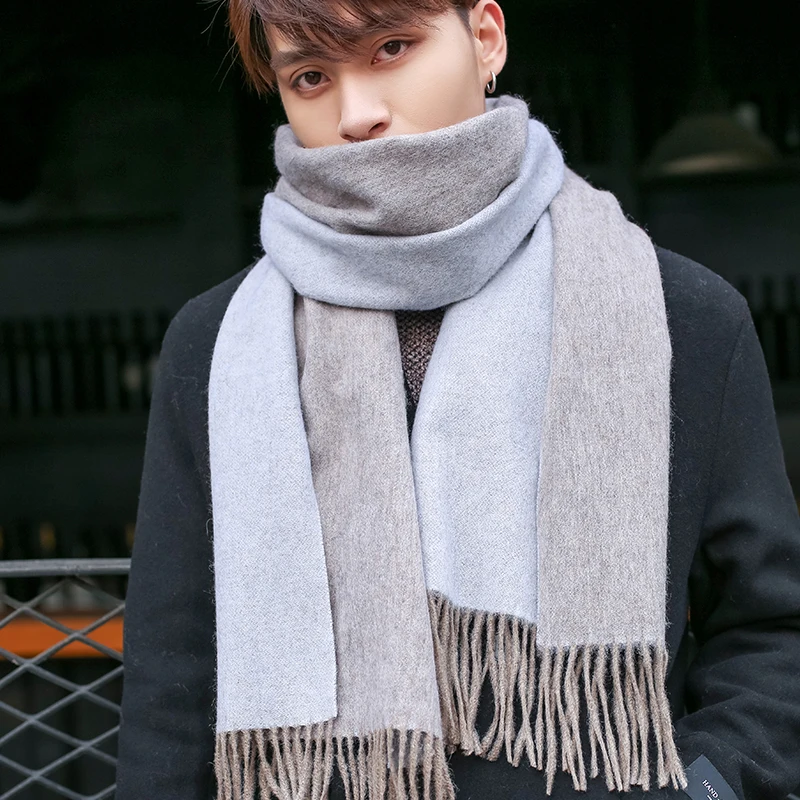 100% Wool Scarf Men Fashion Reversible Neckscarf Echarpe Luxury Brand Winter Cashmere Scarf Male Warm Solid Foulard Hommes