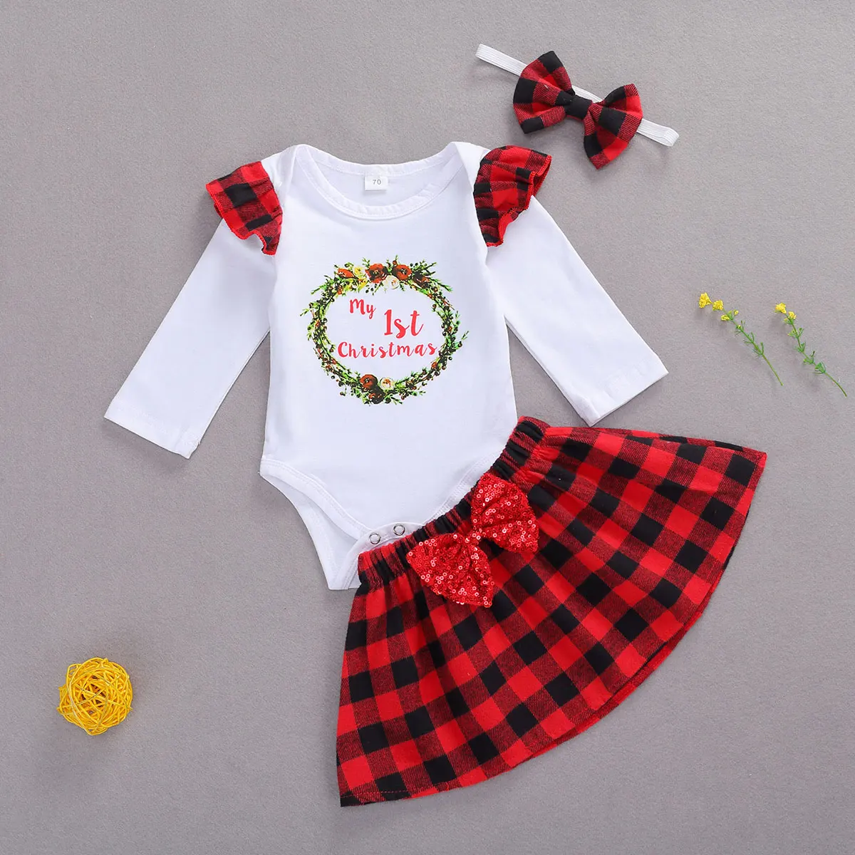 3Pcs Christmas Infant Clothes Suit Baby Girls Long Sleeve Round Collar Letter Romper Plaid Skirt Bow Headwear Baby Xmas Clothes