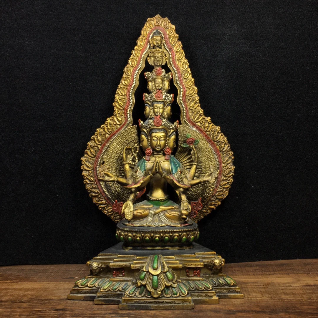 

11"Chinese Folk Collection Old Bronze Painted Thousand-Hand Guanyin Quasi tifomu Sitting Buddha Ornaments Town House Exorcism