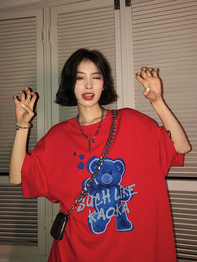 White Short Sleeve T-shirt Women's Summer New Loose Cute Cartoon Bear Printed Half | Женская одежда