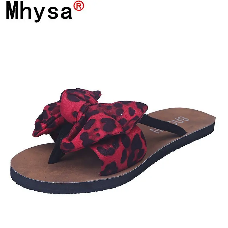 

2021 Fashion Women's Shoes Flat Shoes Flip Flops Sexy Comfortable Cool Leopard Print Beach Shoes Summer Women's Bow Slippers