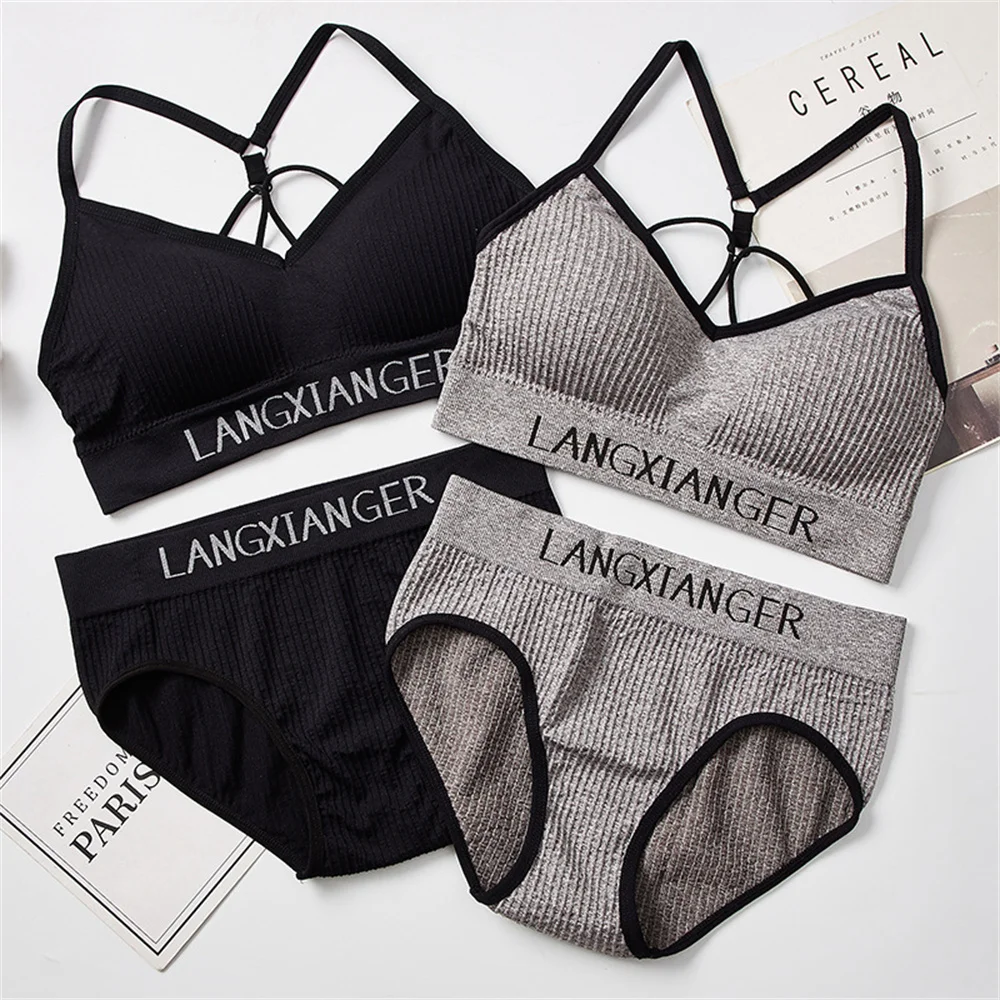 

New Women Bra Lingerie Set Sexy Letter Thread Bra Suit Elastic Push Up Wireless Bralette Soft Panties Underwear Sets Sports Bra