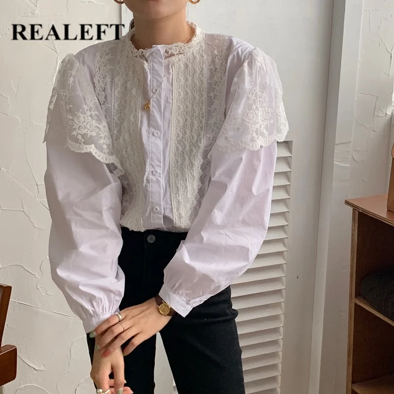 Женская кружевная блузка REALEFT, Элегантная блузка с длинным рукавом и воротником-стойкой в Корейском стиле, весна 2020