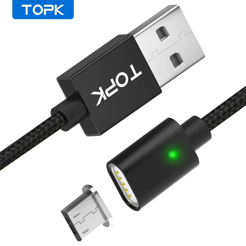 Topk 2.4A Магнитная Micro USB кабель обновлен плетеный нейлоновый Светодиодный
