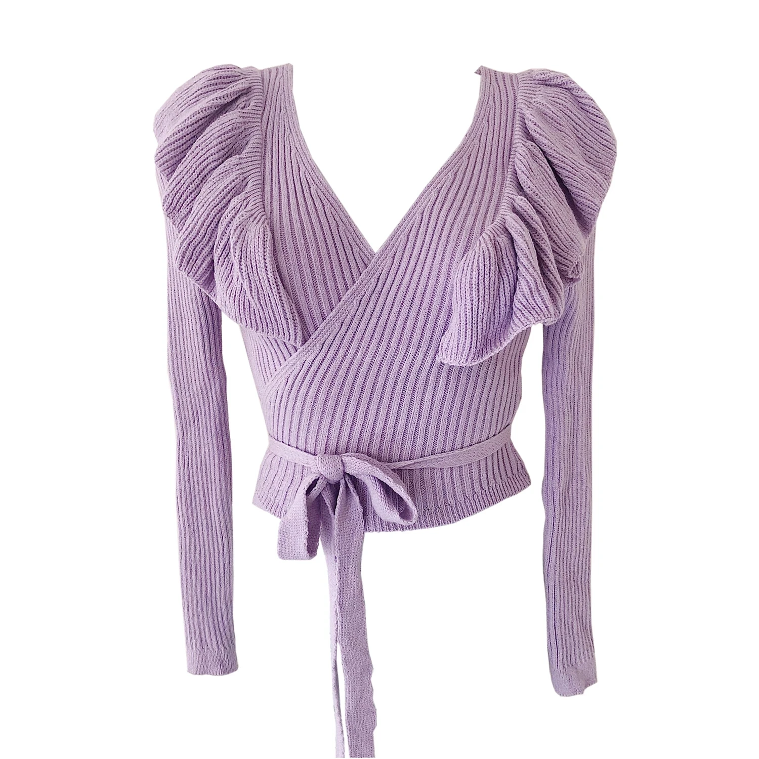 

Autumn Winter Vintage Slim Knit Long-Sleeved Ruffles Sexy V-neck Women's Sweater Pullovers