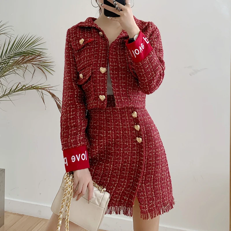 Винтажный Красный твидовый в клетку отложной воротник бант сердце пуговица