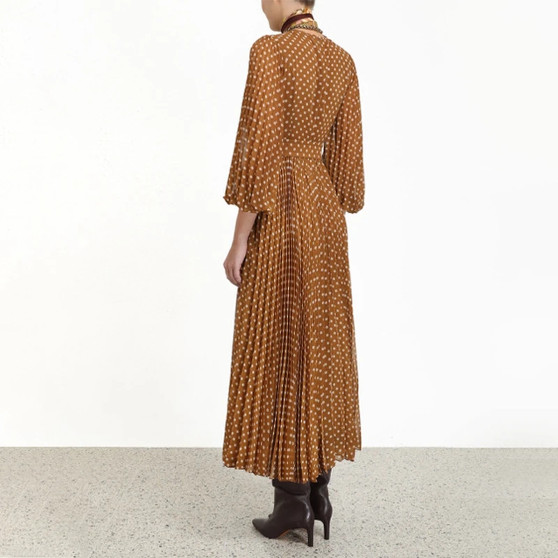2019 осенне зимнее платье женское винтажное дизайнерское в горошек с длинным