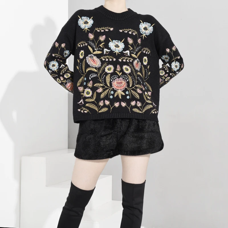 LANMREM 2020 круглый воротник топ с вышивкой цветов Свободный корейский весна осень