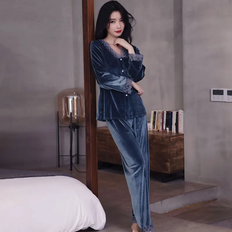 QWEEK золотистый бархатный пижамный комплект женская зимняя теплая Пижама