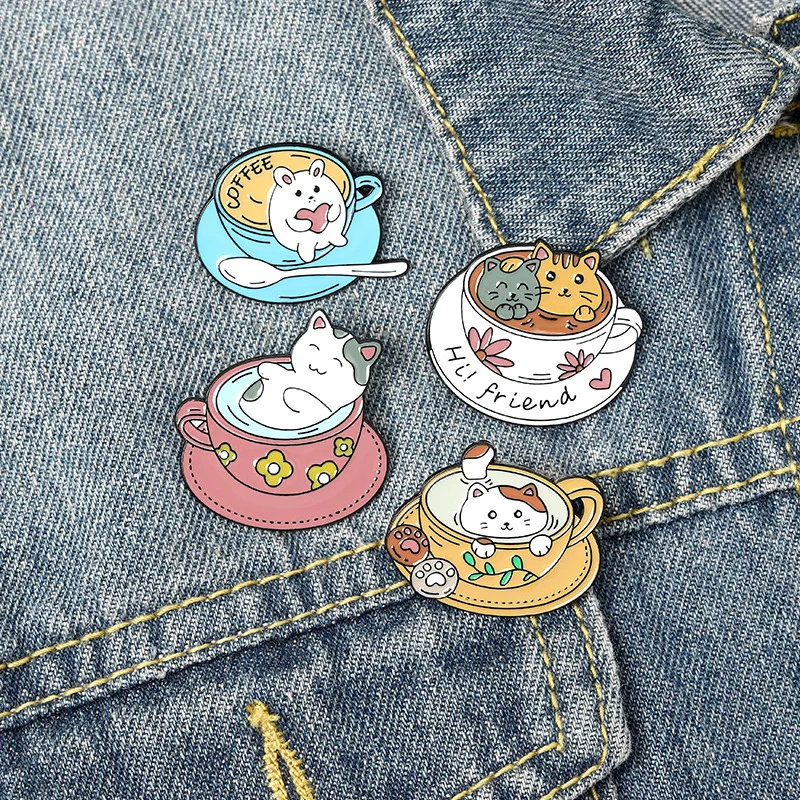 

Cute Cup Cat Coffee Enamel Pins Custom Brooch Bag Clothes Lapel Pin Kitten Cafe Animal Badge Jewelry Gift for Kids Friends