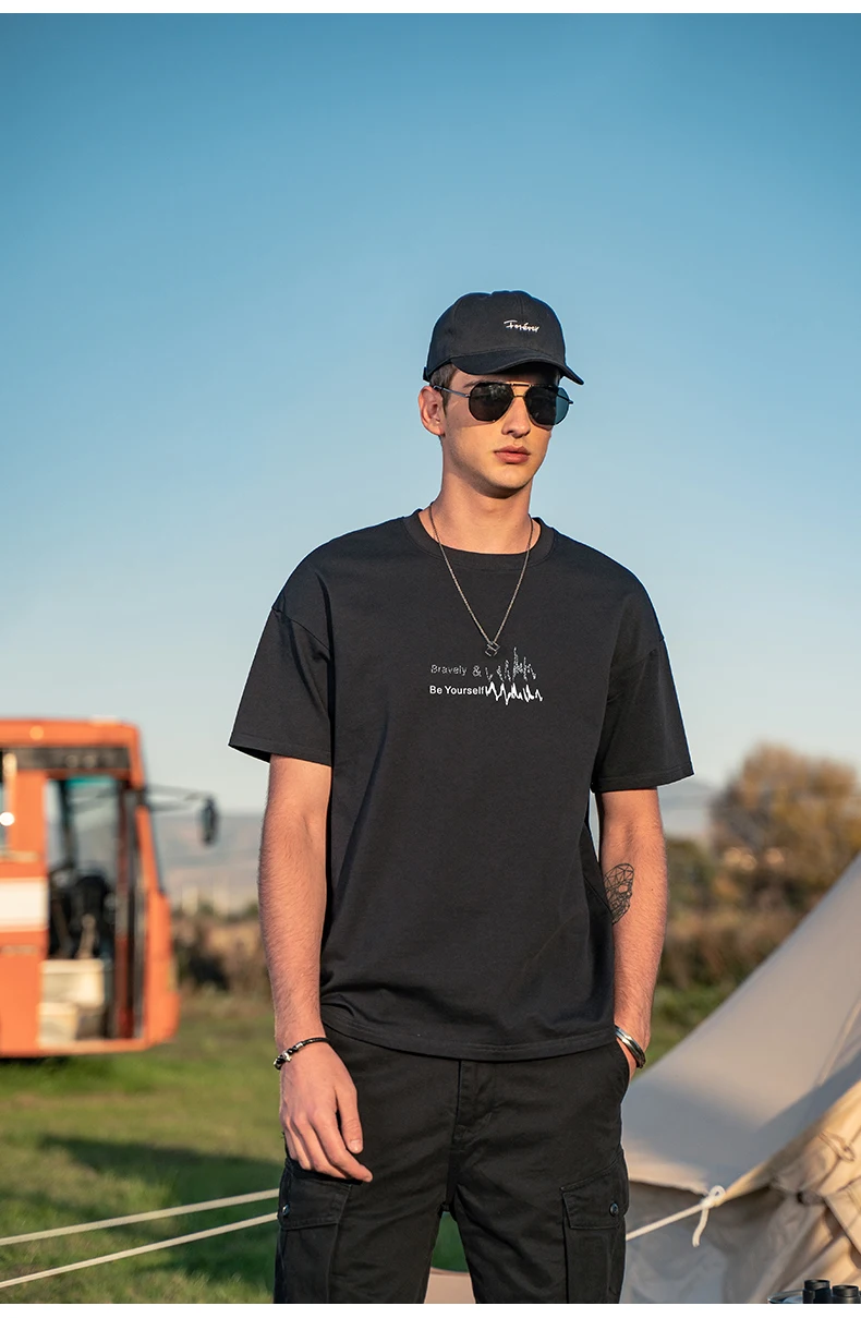 

YTX1423 Flocking print summer students high street hip-hop five-point sleeve loose short-sleeved T-shirt men