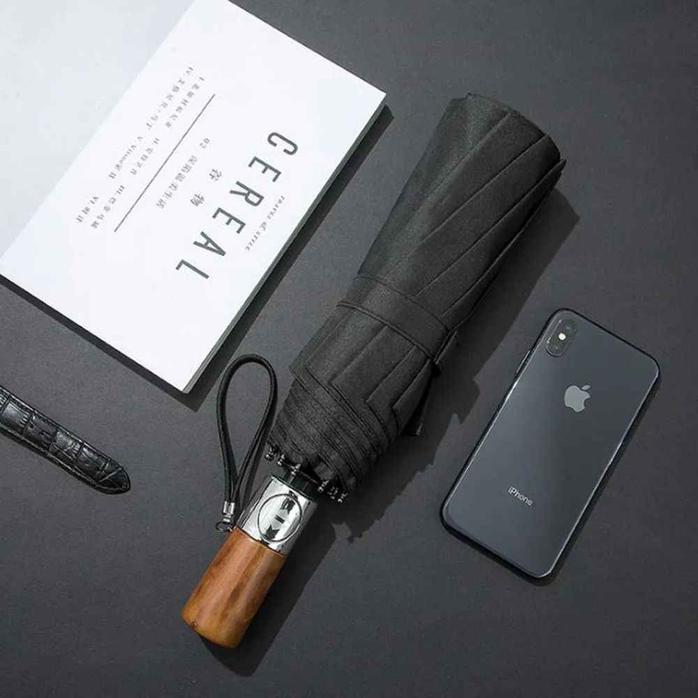 Складной автоматический зонт с деревянной ручкой защита от ветра и дождя для