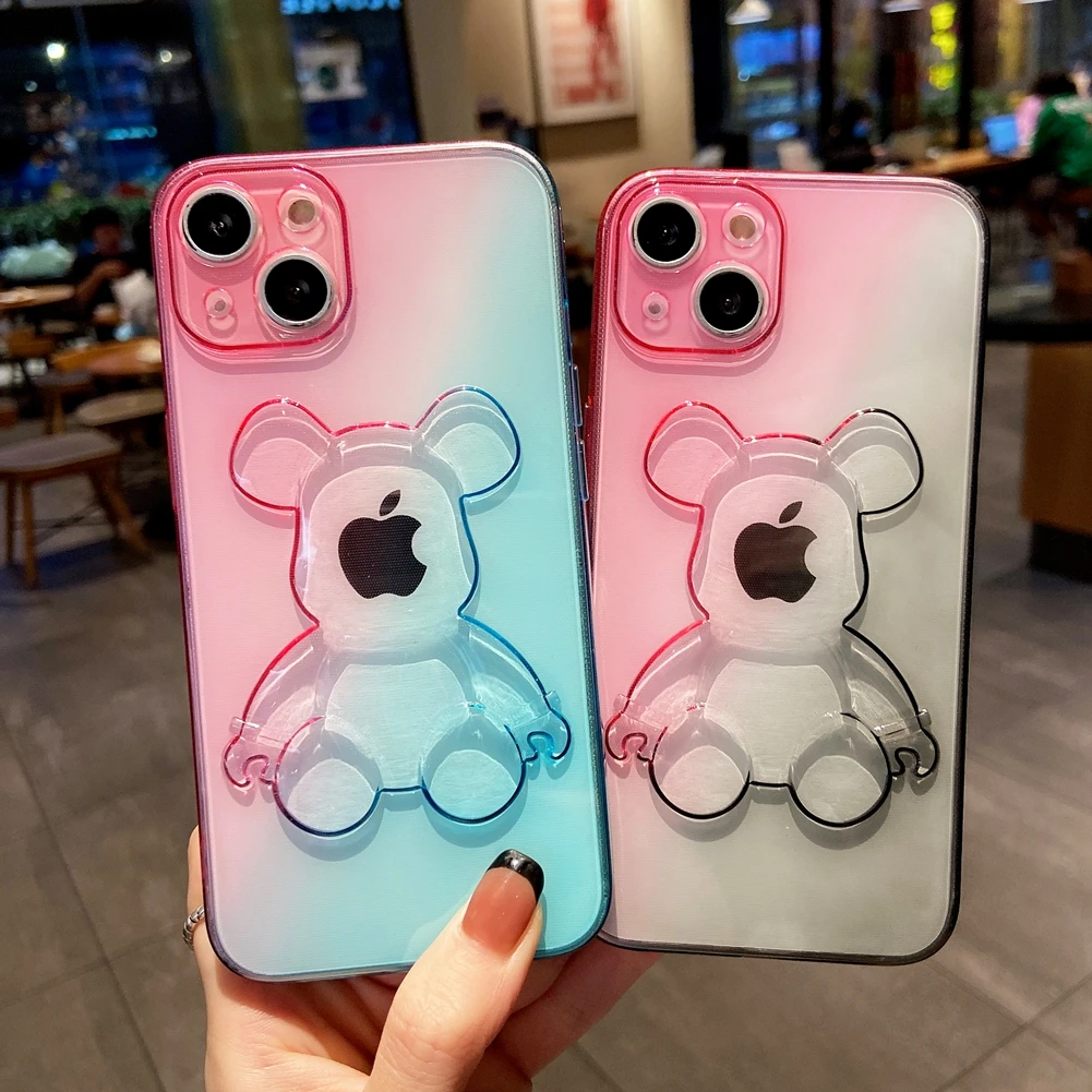 

Luxury Cute Bear Gradient Case For iPhone 11 Pro Max 12 13 Mini X Xs Xr 7 8 Plus SE 2 Transparent Lens Protection Soft TPU Cover