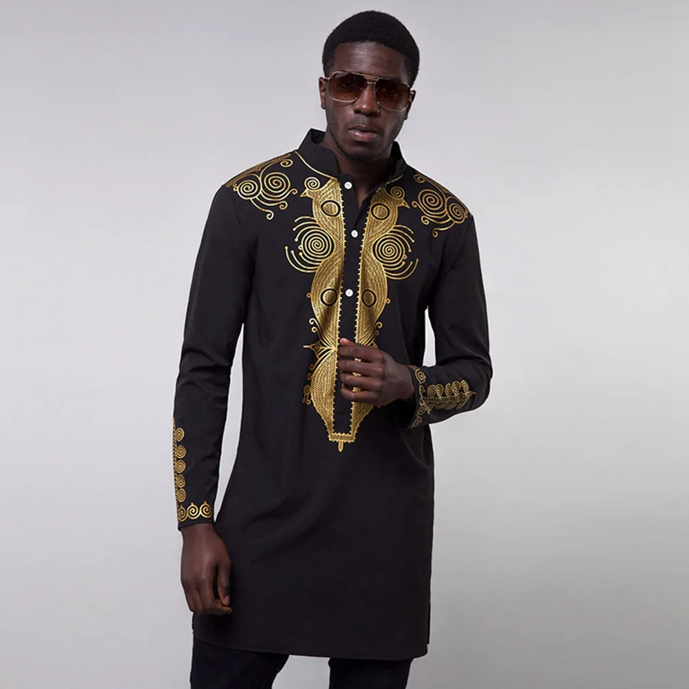 Opslea Dashiki африканская Мужская рубашка с длинным рукавом и стоячим воротником Bazin Riche с национальным этническим принтом Одежда Повседневная приталенная рубашка