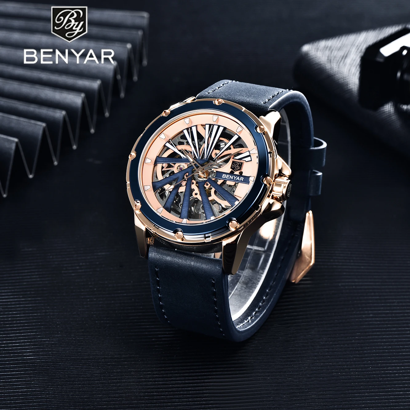 Benyar 2021 New Top Brand Luxury Men's Automatic Mechanical Watch Leather Waterproof Double-sided Hollow Design Watches Relogio