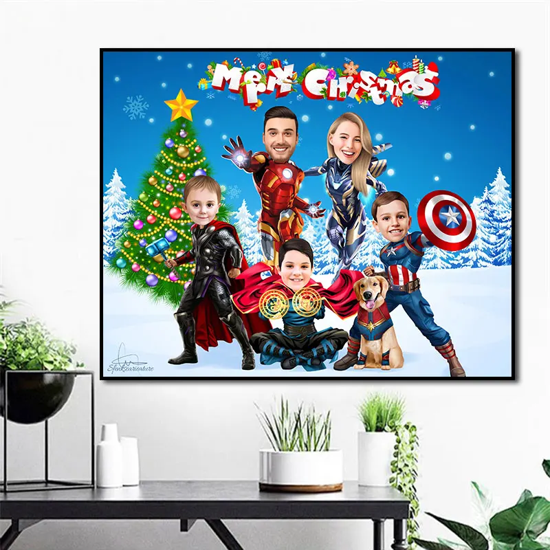 

Disney Marvel Personalized Christmas Cartoon Family Portrait Poster Print Canvas Painting Custom Superheroes New Years Best Gift