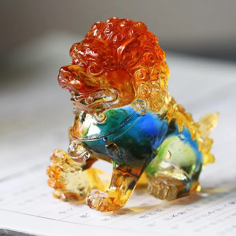 Colored Glaze Cute Lion Figurine Glass Artwork Wildlife Animal Sculpture Home Office Tabletop Decor Lucky Fortune Crystal Gifts