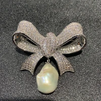 baroque natural fresh water pearl brooch copper with cubic zircon bowknot fashion women jewelry free shipping