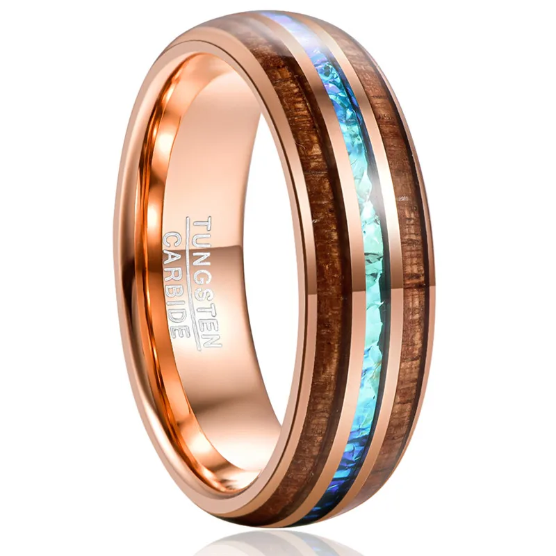 NUNCAD Wood Tungsten Carbide Ring For Men 6MM Rose Gold Acacia Imitation Opal Dome tungsten Steel Ring Anillo Hombre