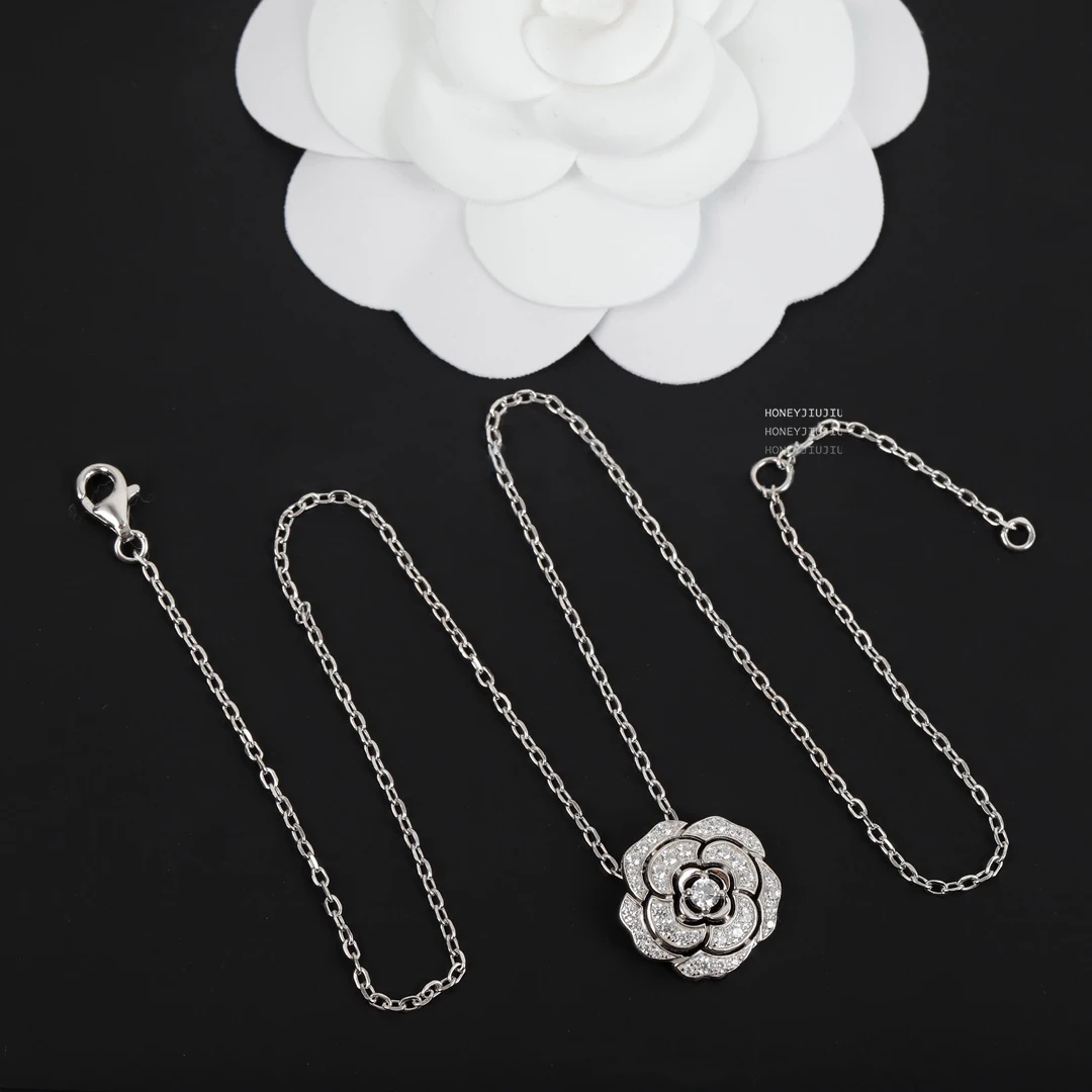 

Camellia Platinum Silver Necklace For Women Diamond Crystal Fine Jewelry Luxury Designer Bijoux Girl Friend Gift Trend Brand