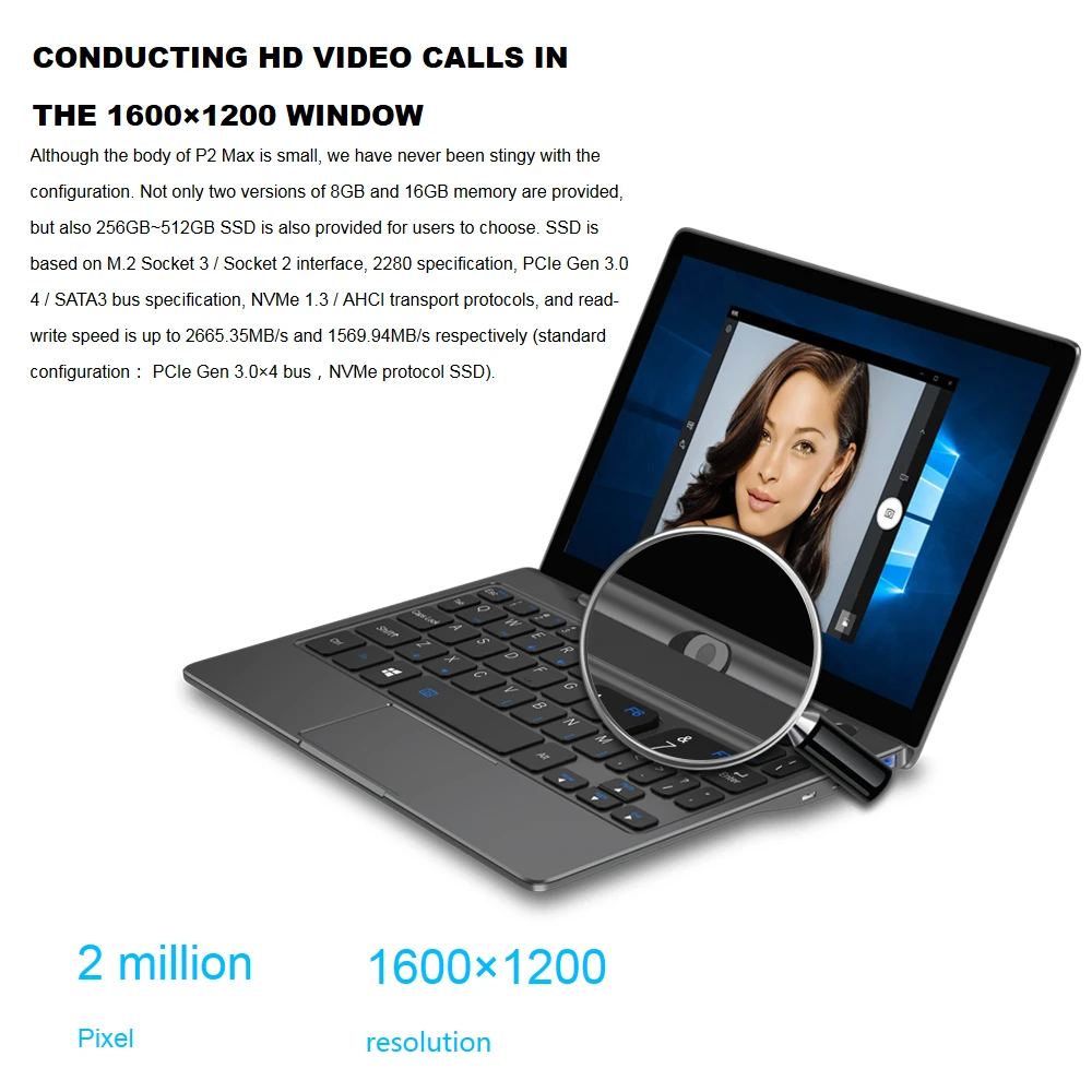GPD P2 MAX 8.9 Inches Mini Laptop Tablet PC Windows 10 Intel Celeron 3965Y Notebook 8GB 256GB 2.4G&5G WiFi BT 4.2 Touch Control