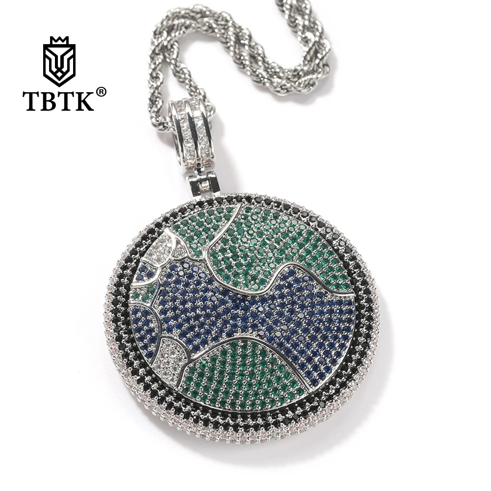 

TBTK Spinning Earth Map Round Pendant Clawing Setting Bling Cubic Zirconia Rotatable Pendant Tennis Chain Rapper Hiphop Jewelry