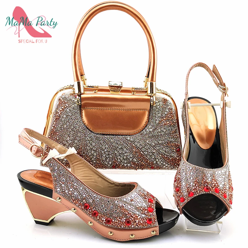 

2021 Italian Design New Arrival Fashion Style Elegant Party Women Shoes and Bag Set in Champagne Color for Wedding