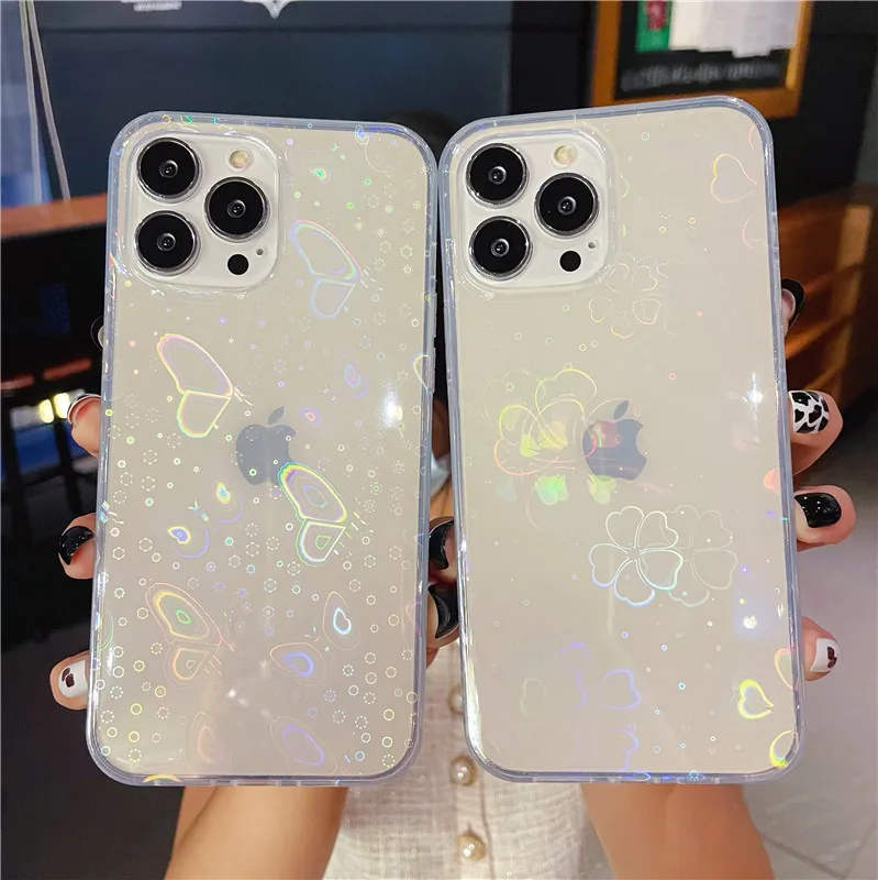 

Laser Glitter Butterfly Love Heart Phone Case For iphone 12 13 Mini 11 Pro XS Max X XR SE 2020 7 8 Plus Silicone Back Cover