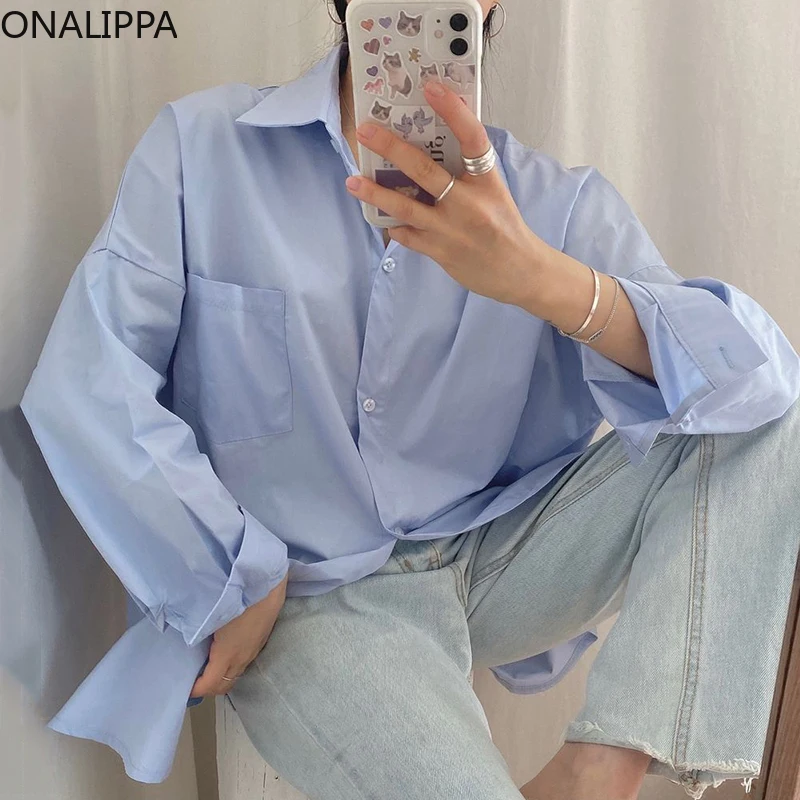 

ONALIPPA Autumn Simple Basic Candy Color Shirt Women Chic Lapel Single-Breasted Loose Casual All-match Long-Sleeved Blouses