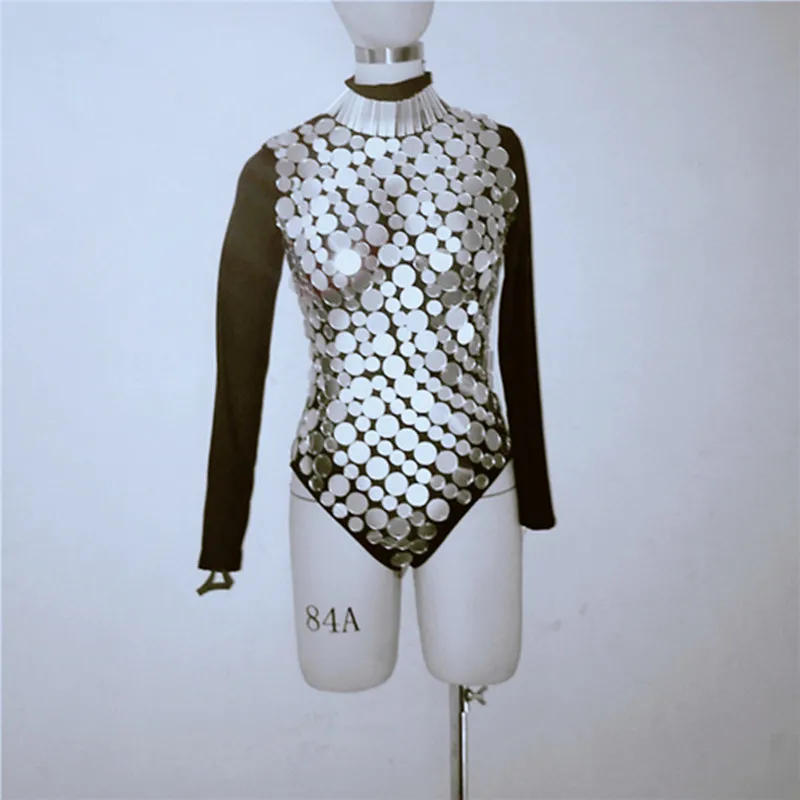 Women Mirrors Dance Costume Silver Gold Sequins Bodysuit Long Sleeve One Piece Nightclub Bar Jazz Stage Outfit For Singer Dancer