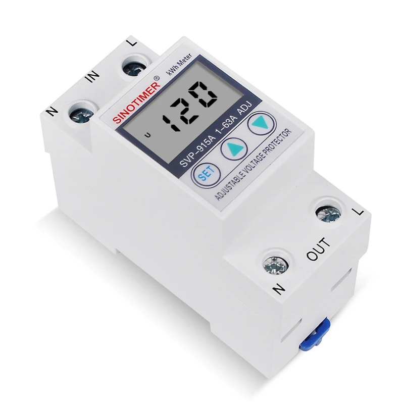 

SINOTIMER SVP-915A 63A 110V Din Rail Adjustable Voltage Protector Relay Current Limit Protection with Wattmeter KWh Energy Meter