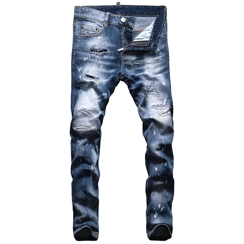 European American Street Fashion Men Jeans High Quality Retro Blue Destroyed Ripped Jeans Men Slim Fit Hip Hop Denim Punk Pants