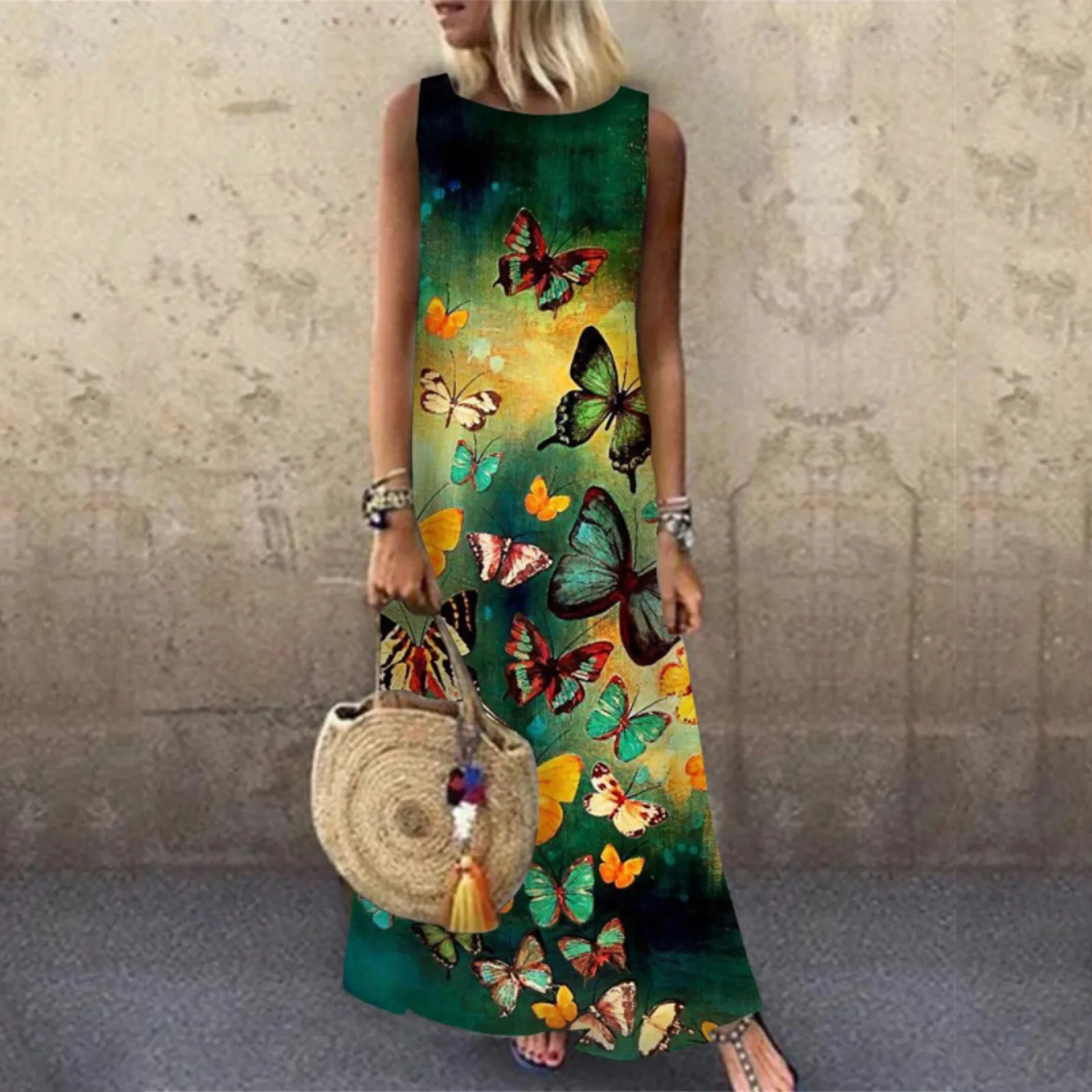 

2021 Women Fashion Loose Long Dress Sleeveless O-Neck Printed Retro Maxi Dress Summer Holiday Dresses vestidos de mujer Casual