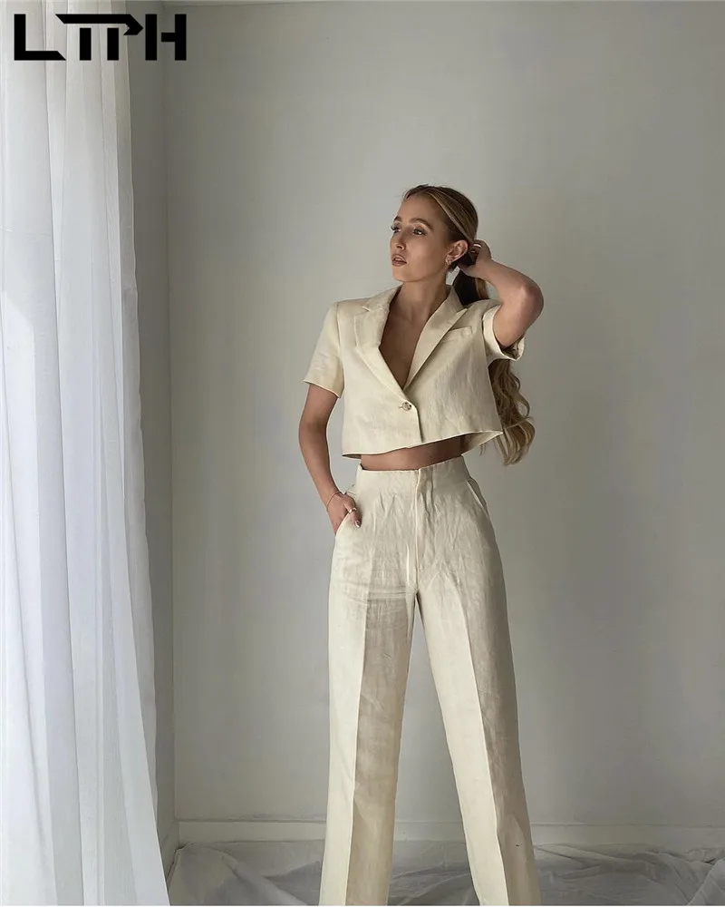 

LTPH vintage casual suit sets cropped blazer two piece set women jacket outfits high waist trousers Pant Suits 2021 summer new