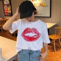 women t shirt graphic print red lip print short sleeve lady female outdoor aesthetic white tees for girls casual fashion top te