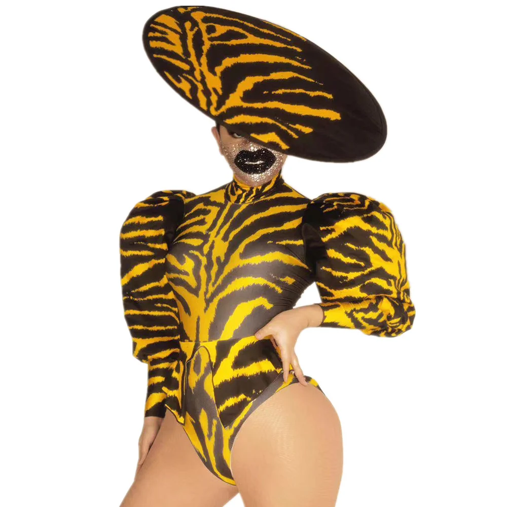 

Tight Stretch Long Puff Sleeve Striped Dovetail Shirt Shorts Hat Three Pieces Of Outfit DJ Singer Dance Stage Wear Night Costume