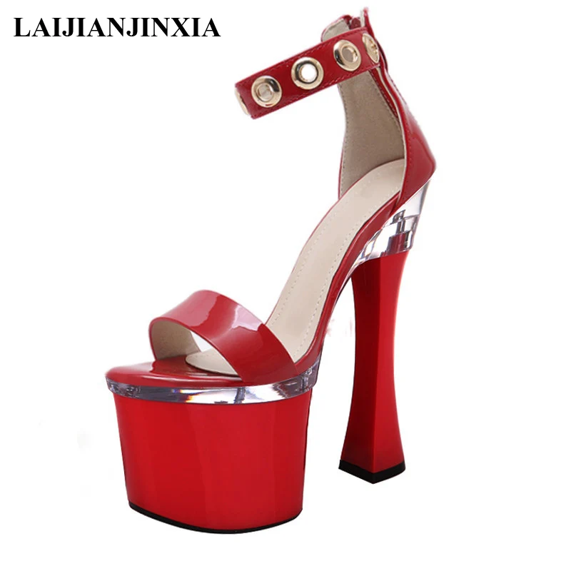 

New Limited Edition Super Sexy Metal High Heel Shoes Open Toe Black Heels Strappy Sandals 18 CM High Heel Platforms Shoes